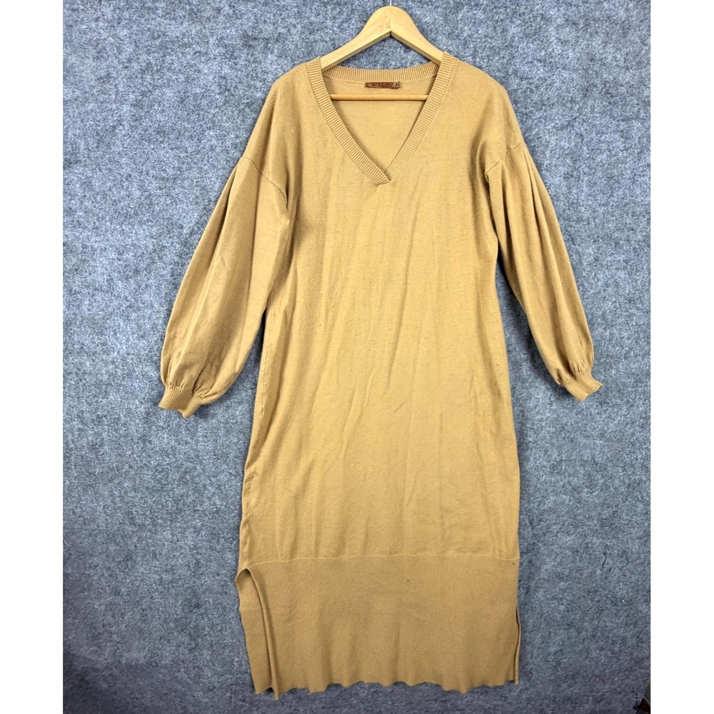 Belldini Sweater Dress Womens XL Brown Ribbed Knit Lagenlook Balloon Sleeve Midi